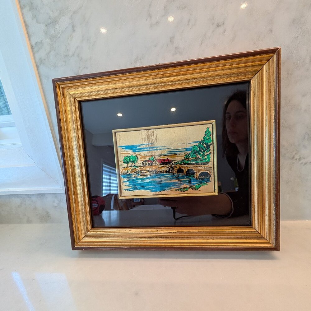 Italian picture of house in the country side, gold leaf, hand painted and silk s